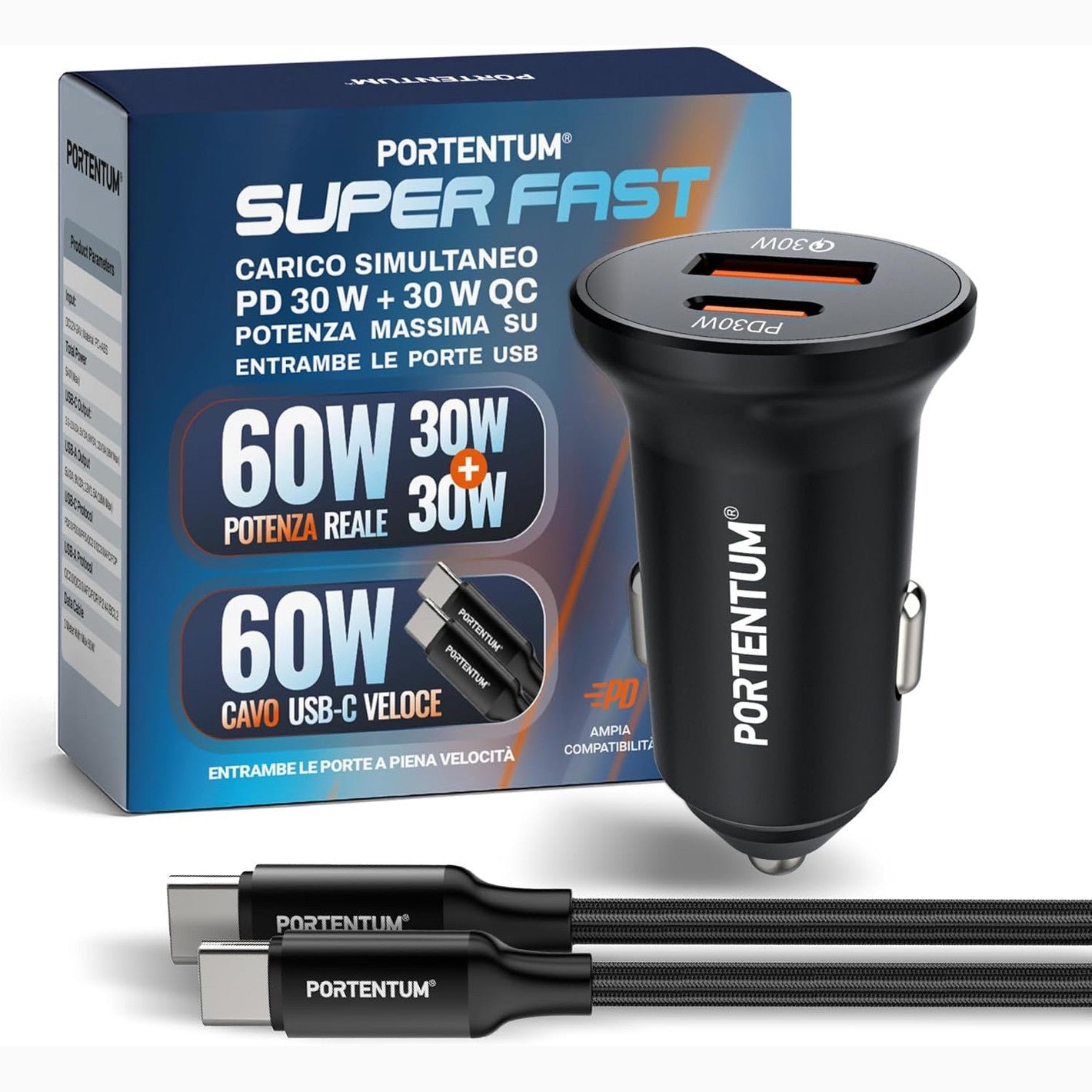 269020 - PORTENTUM Kabllo USB-C për çakmak 60W + 60W, Karikues i dyfishtë për makinë, USB-C PD 30W + USB-A QC 30W, Adaptor USB 12V për iPhone, iPad, tablet Android, smartphone