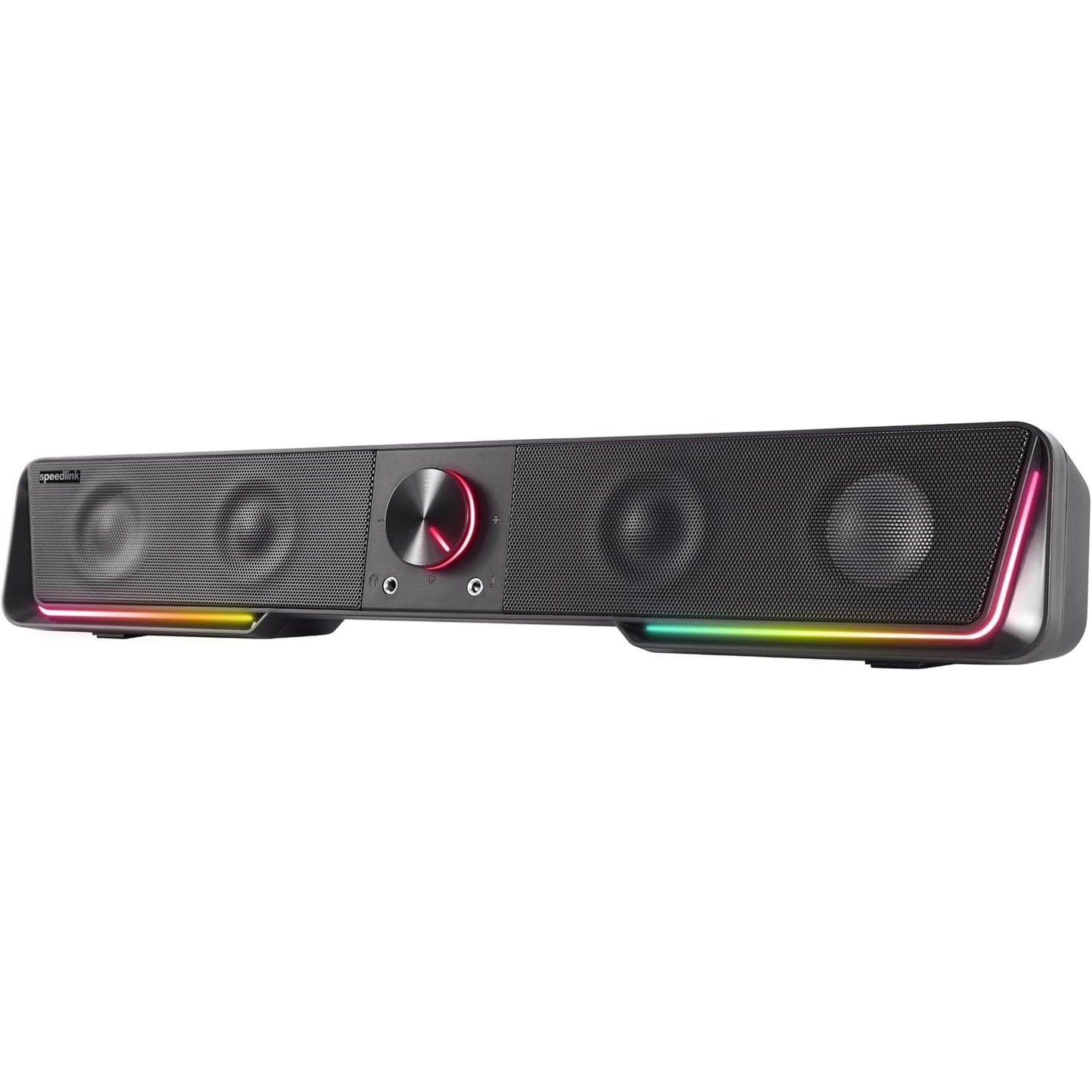 273375 - SPEEDLINK Gravity RGB Stereo Soundbar – Altoparlant PC me lidhje Bluetooth për smartphone/tablet dhe prizë 3.5 mm, ndriçim RGB, prizë për kufje dhe mikrofon, e zezë