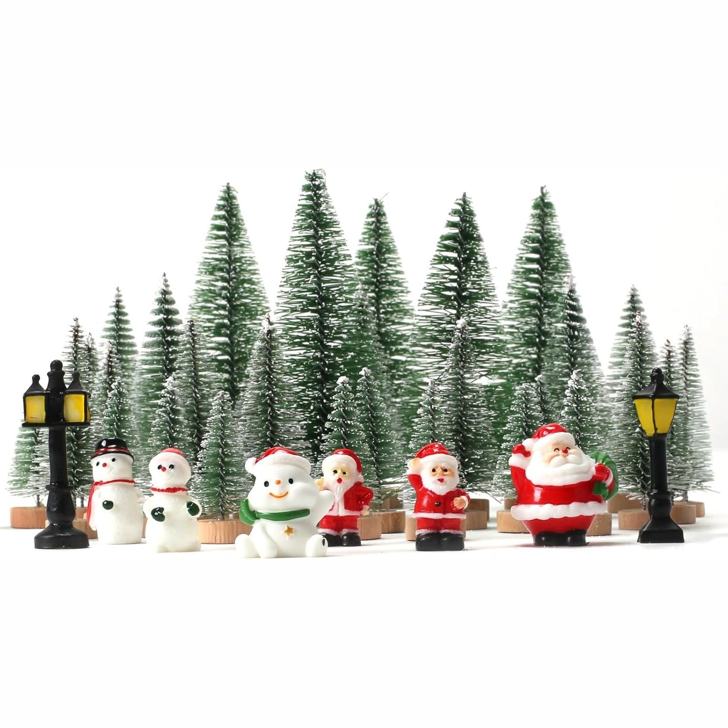 198457 - FAIRBLO Set Pemesh Miniaturë me Sisal dhe Akull, Figura Artificiale të Krishtlindjeve dhe Burri i Dëborës, Pemë të Vogla me Bazë Druri, 30 Copë, Për Dekorimin e Tavolinës