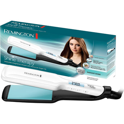 275036 - REMINGTON Drejtues flokësh S8550, Terapi shkëlqimi, Pllaka të gjera qeramike, trajtim me vaj argani maroken dhe vitaminë E, ekran LCD, 150-230°C