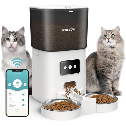 204522 - USHQYES AUTOMATIK PËR MACE, NGA 6L ME 2.4G WIFI - Shpërndarës ushqimi me alarm për nivel të ulët ushqimi dhe regjistrim zëri 10 sekondash, 2 tasa çelik inoks, deri në 20 porcione dhe 15 vakte në ditë