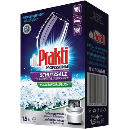 304077 - DR. PRAKTI Kripë për lavastovilje, zbut ujin, parandalon grumbullimin e gëlqeres, 1.5 kg