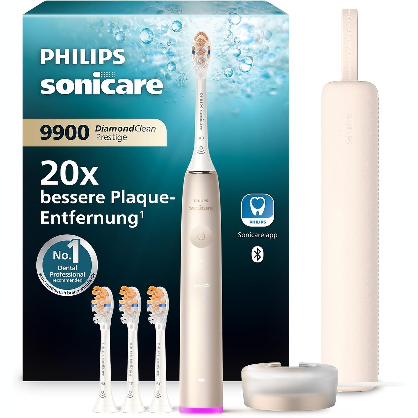 315045 - PHILIPS Furçë dhëmbësh elektrike Sonicare DiamondClean 9900 Prestige, me teknologjinë dhe aplikacionin SenseIQ, 5 mënyra larjeje, 3 nivele intensiteti, çantë udhëtimi, shampanjë, modeli HX9992/44