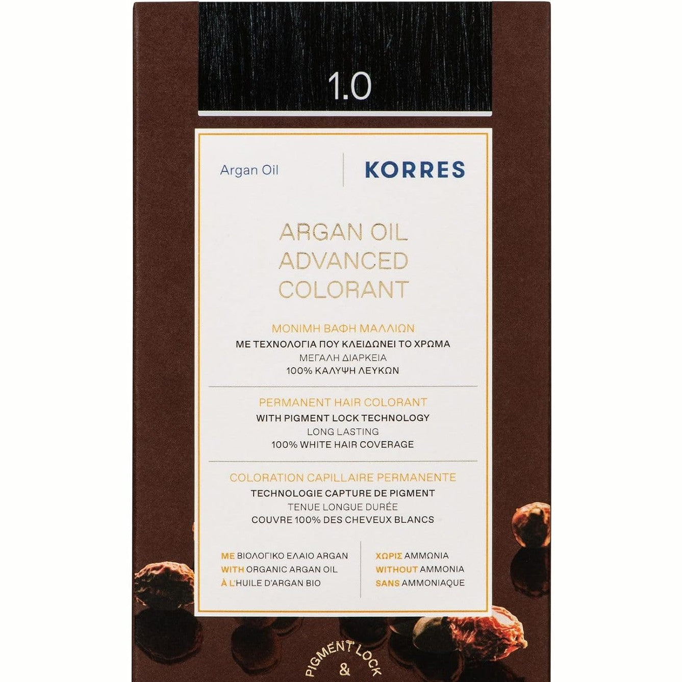 317521 - KORRES Ngjyrues flokësh me vaj argani, ngjyrë e zezë 1.0, pa amoniak, mbulim 100% të thinjave, vegan