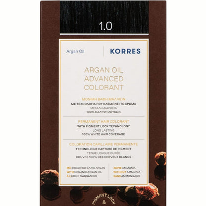 317521 - KORRES Ngjyrues flokësh me vaj argani, ngjyrë e zezë 1.0, pa amoniak, mbulim 100% të thinjave, vegan