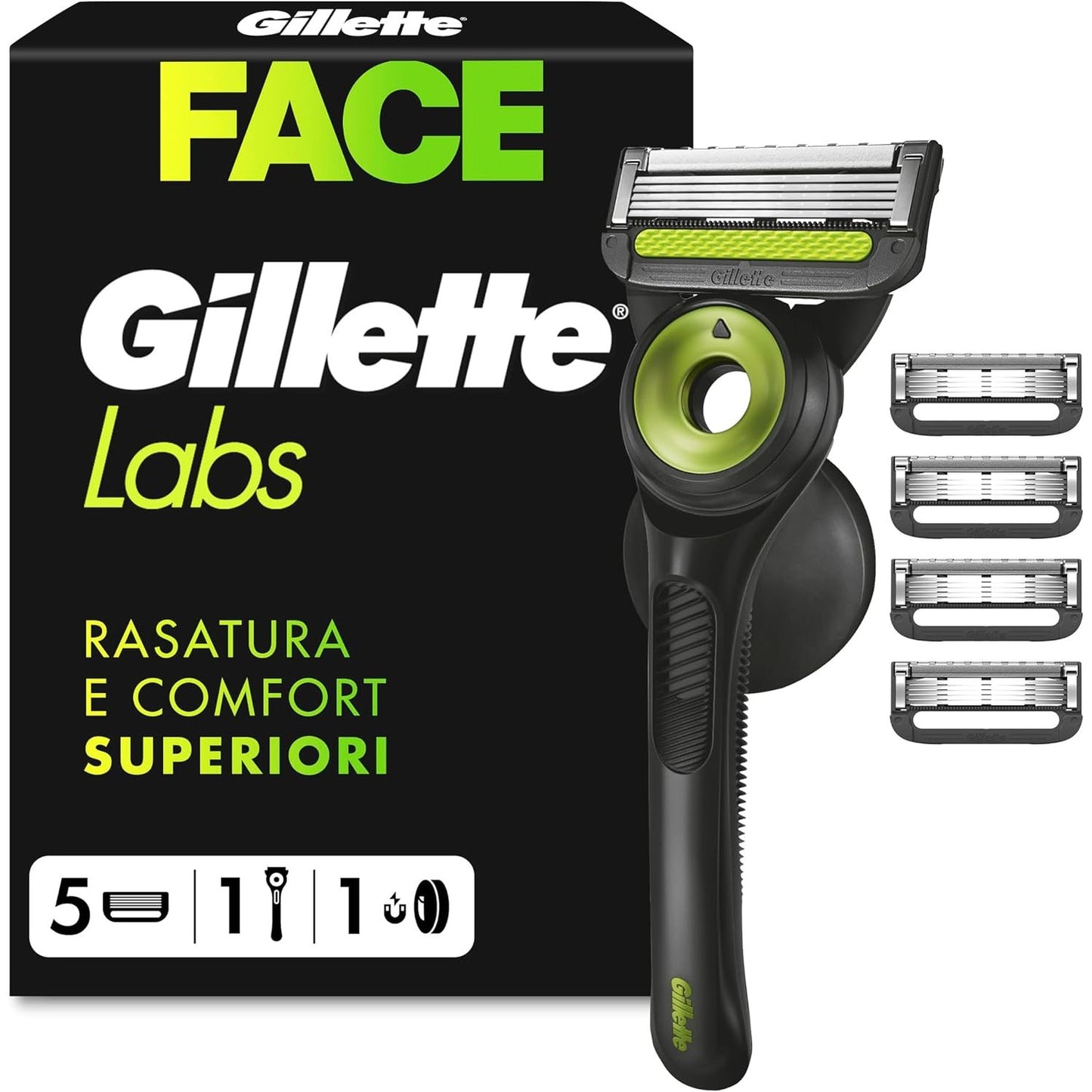 271222 - GILLETTE Brisk i Drejtë Labs Neon Night Edition, 1 Dorezë, 5 Tehe Zëvendësuese, Bazë Magnetike, Kuti Udhëtimi, Grep Muri, Brisk Gri