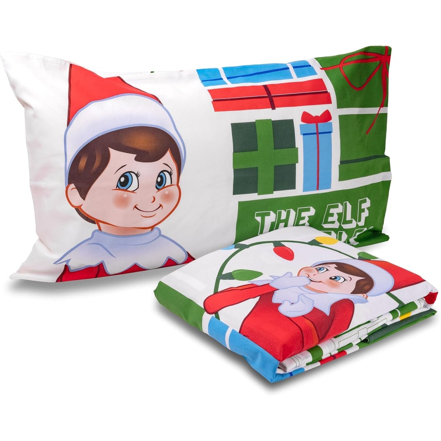 217723 - THE ELF ON THE SHELF Set çarçafësh për krevat tek, 100% pambuk, përfshin çarçaf të sheshtë, çarçaf të montuar, mbulesë jastëku