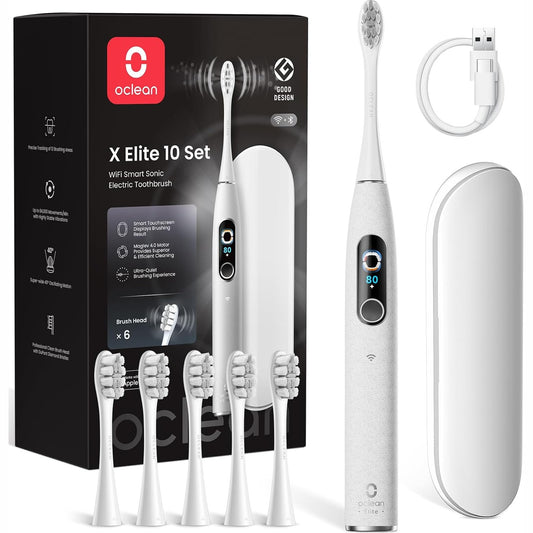 315159 - rçë dhëmbësh elektrike X Elite 10, 12 zona gjurmimi, 5 mënyra kujdesi, 6 koka furçe, kuti udhëtimi, jetëgjatësi baterie 40-ditore, 45 dB, set gri