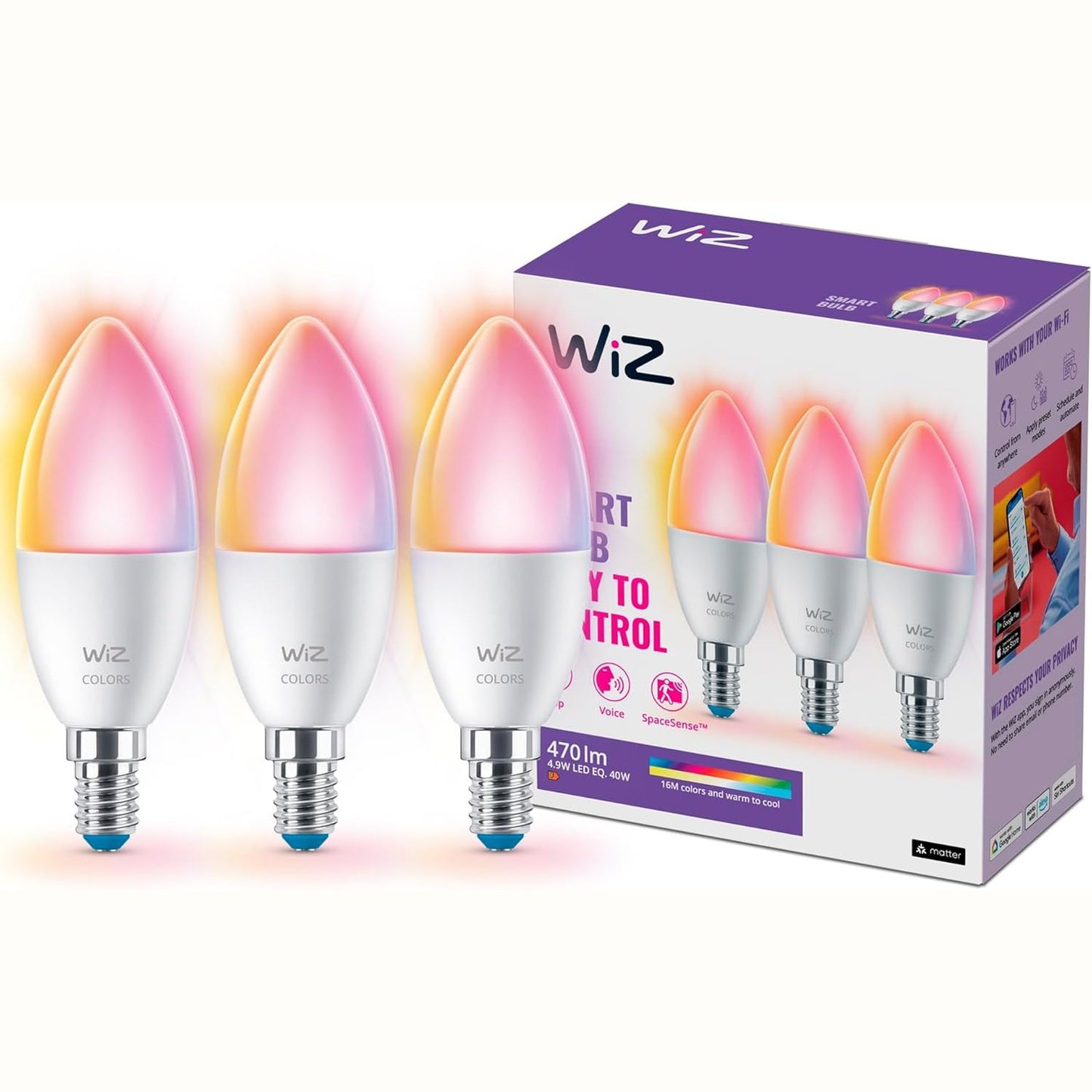 255621 - WiZ Llambë LED inteligjente E14 GU10, pako me 2 pjesë - 40W, 16 milionë ngjyra + nuanca të bardha, Wi-Fi/Bluetooth, kontroll me zë/aplikacion