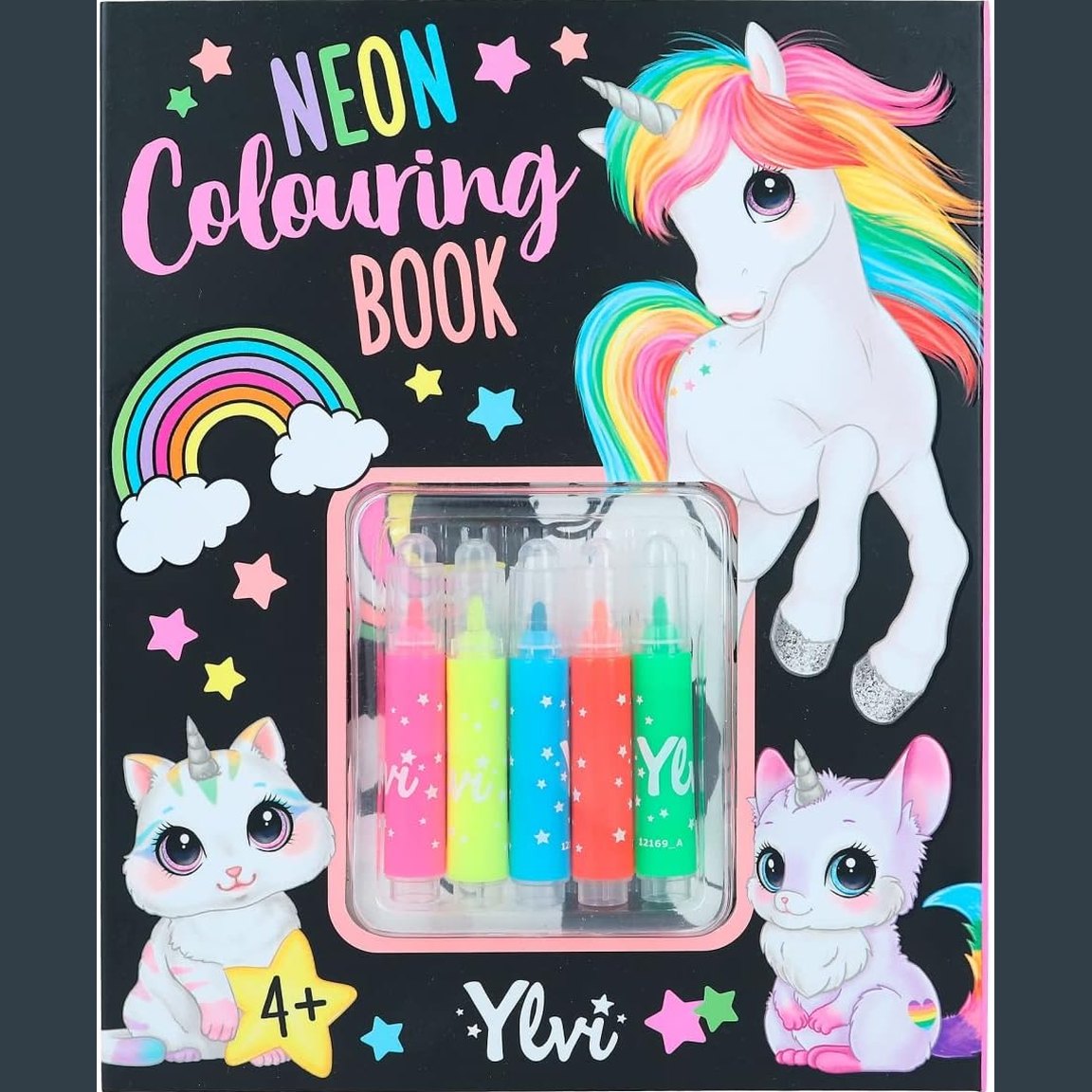 224381 - Ylvi - Set librash për ngjyrosje me ngjyra neoni, 25 faqe, përfshin 5 stilolapsa me majë neoni dhe një fletë ngjitëse me ngjyrë ari