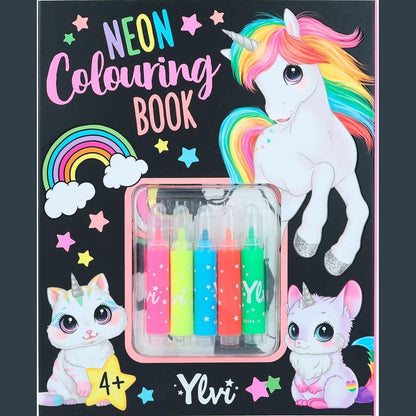 224381 - Ylvi - Set librash për ngjyrosje me ngjyra neoni, 25 faqe, përfshin 5 stilolapsa me majë neoni dhe një fletë ngjitëse me ngjyrë ari