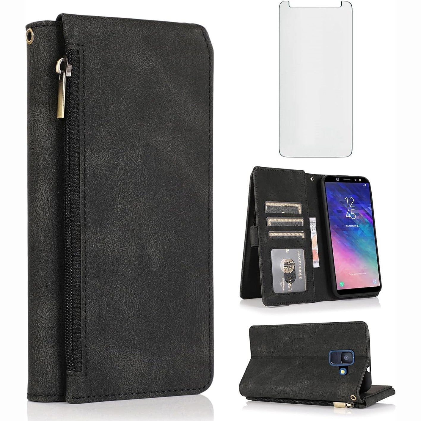 274305 - Mbrojtëse për Samsung Galaxy A6 (2018), xham i temperuar, mbrojtës ekrani, mbulesë prej lëkure retro me kapak, mbajtëse kartash, për A6 SM-A600F, A600A, A600P
