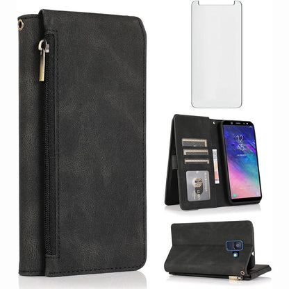 274305 - Mbrojtëse për Samsung Galaxy A6 (2018), xham i temperuar, mbrojtës ekrani, mbulesë prej lëkure retro me kapak, mbajtëse kartash, për A6 SM-A600F, A600A, A600P