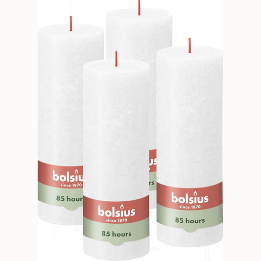251648 - BOLSIUS Qirinj Rustic Pillar të Bardhë - 4 copë - 19 x 7 cm - Kohëzgjatja e Djegies 85 Orë - Pa aromë - Dyllë Bimore Natyrale - Pa vaj palme