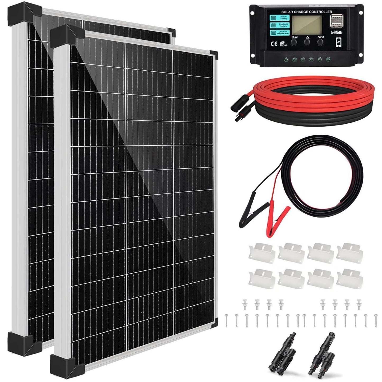 255060 - KOLLNIUN Kit Paneli Diellor 240W 12V: 1x120W Panele Diellore Mono, Kontrollues Ngarkese Diellor 30A, Lidhës T, Kabllo Diellor, Mbajtëse Z, Kapacitet 1kWh/Ditë, 1 cope