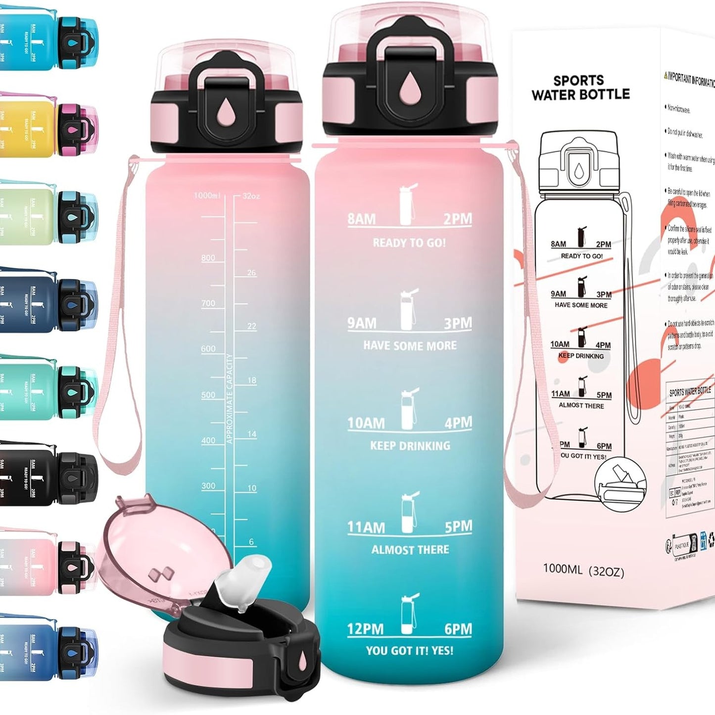 257872 - MOTSWEDI Shishe uji | 1L, e papërshkueshme nga rrjedhjet, shishe kashte, me shënues kohe, dorezë mbajtëse, jeshile/rozë