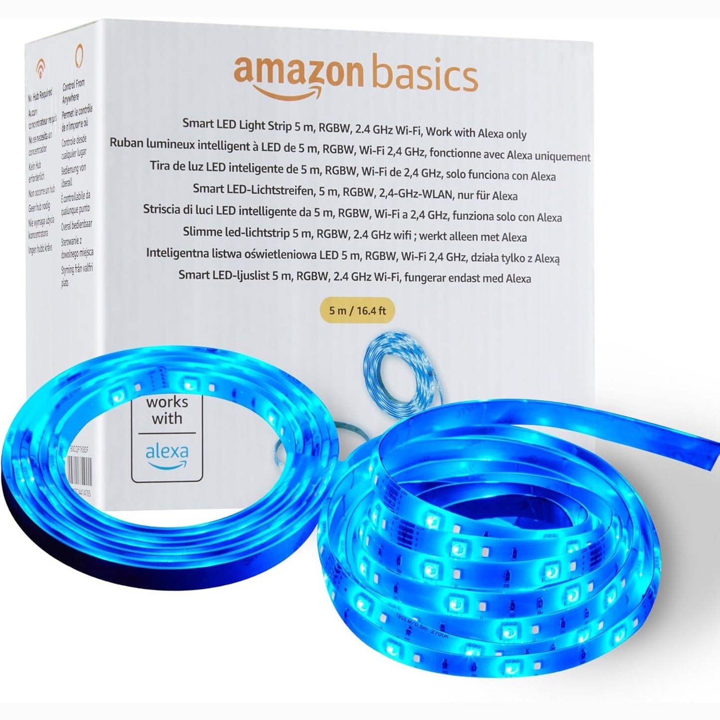 222718 - AMAZON BASICS Shirit ndriçimi LED inteligjent, 5 m, RGBW, i pajtueshëm vetëm me Alexa, Shumëngjyrësh
