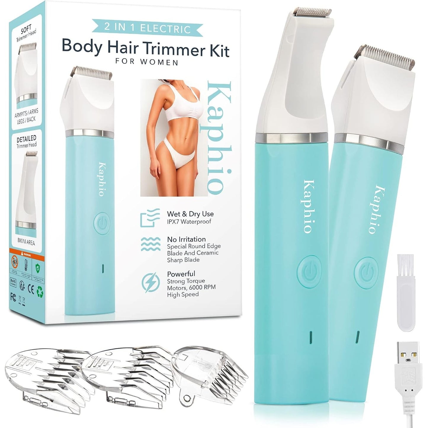 275271 - KAPHIO Makinë rroje elektrike dhe prerëse bikini për femra, 2 në 1, e papërshkueshme nga uji, 3 prerëse flokësh të ndërrueshme, IPX7