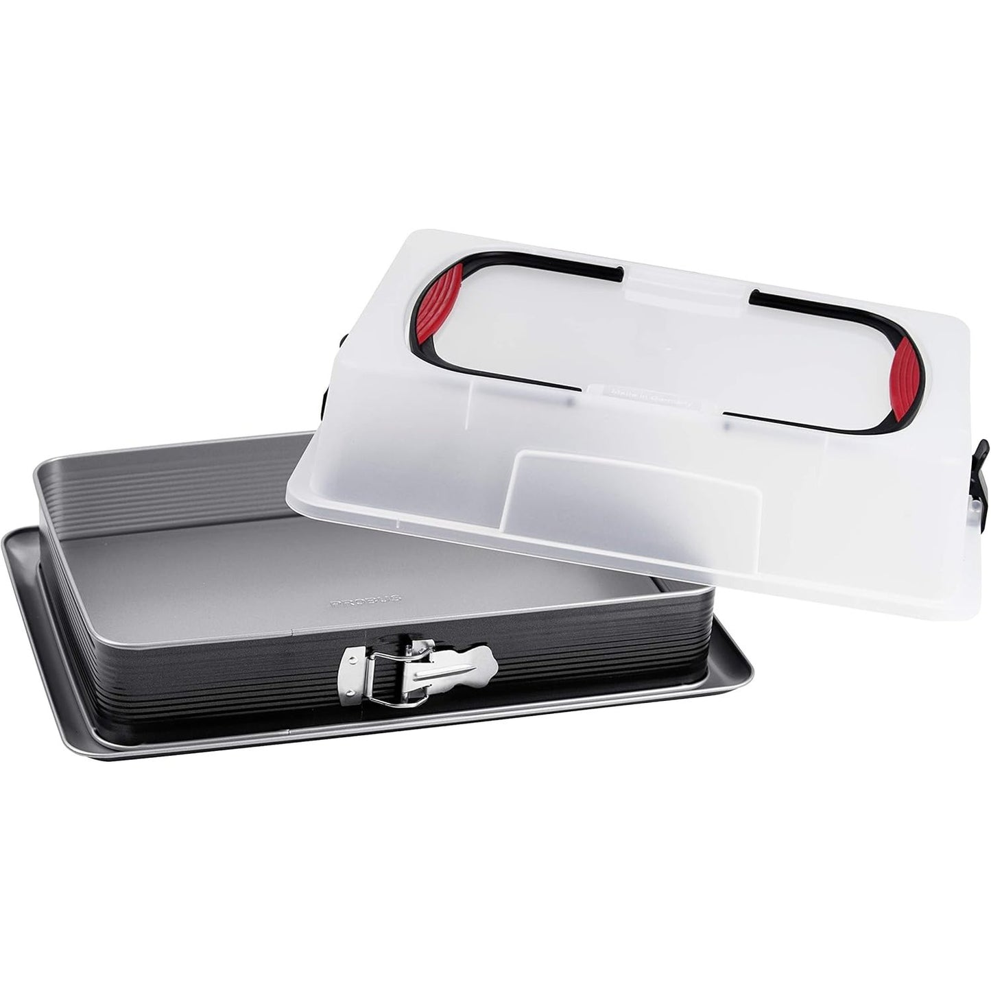 208908 - PROBUS Tigan Drejtkëndor 9307 me Sustë dhe Kapak Mbajtës, Jo-Ngjitës, i Papërshkueshëm nga Hidhet, Pjekje dhe Transportim i Lehtë, Madhësia 43x29.5cm, Ngjyra e Zi