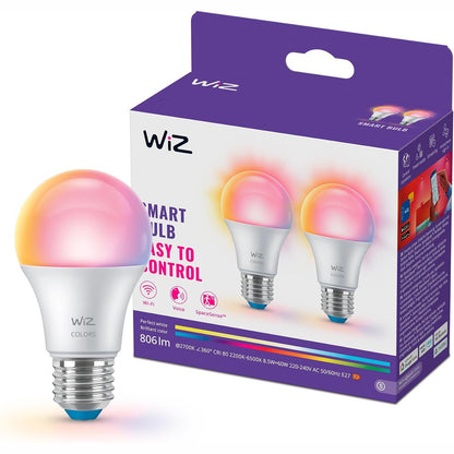 184604 - WIZ Llambë LED Inteligjente A60, Ngjyrë dhe e Bardhë me Errësim, Prizë E27, Ekuivalenti i 60W, 806 Lumen, Pajtueshme me Alexa, Google Assistant dhe Apple Home, Pako prej 2 Copësh