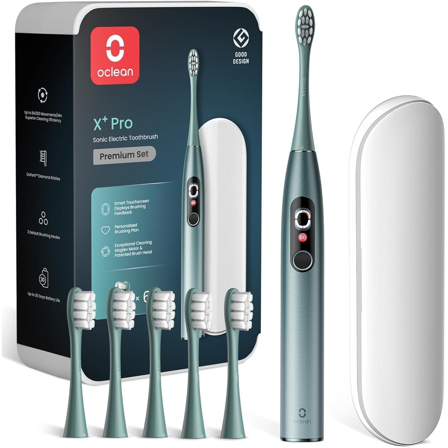 315571 - OCLEAN Set Dhuratë për Furça Dhëmbësh Elektrike X Series Pro, 3 Mënyra & 32 Intensitete, 6 Koka Furçe me Kuti Udhëtimi, Jeshile