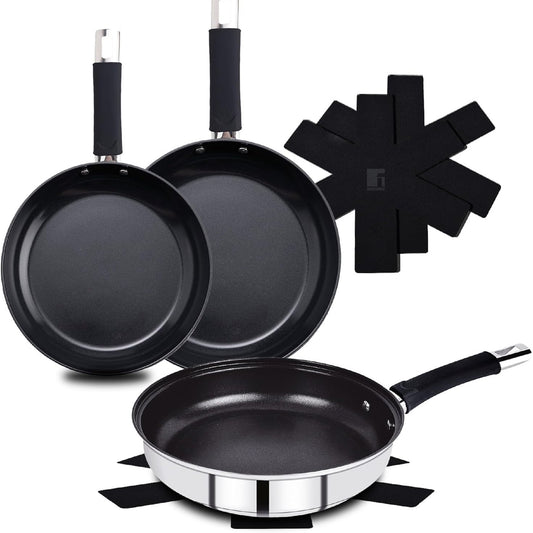 175088 - BERGNER - Set tiganësh prej çeliku inox 6 pjesë 20cm, 24cm, 28cm, me doreza të zbrazëta, mbulesa mbrojtëse, doreza silikoni dhe veshje jo ngjitëse, i pajtueshëm me induksion