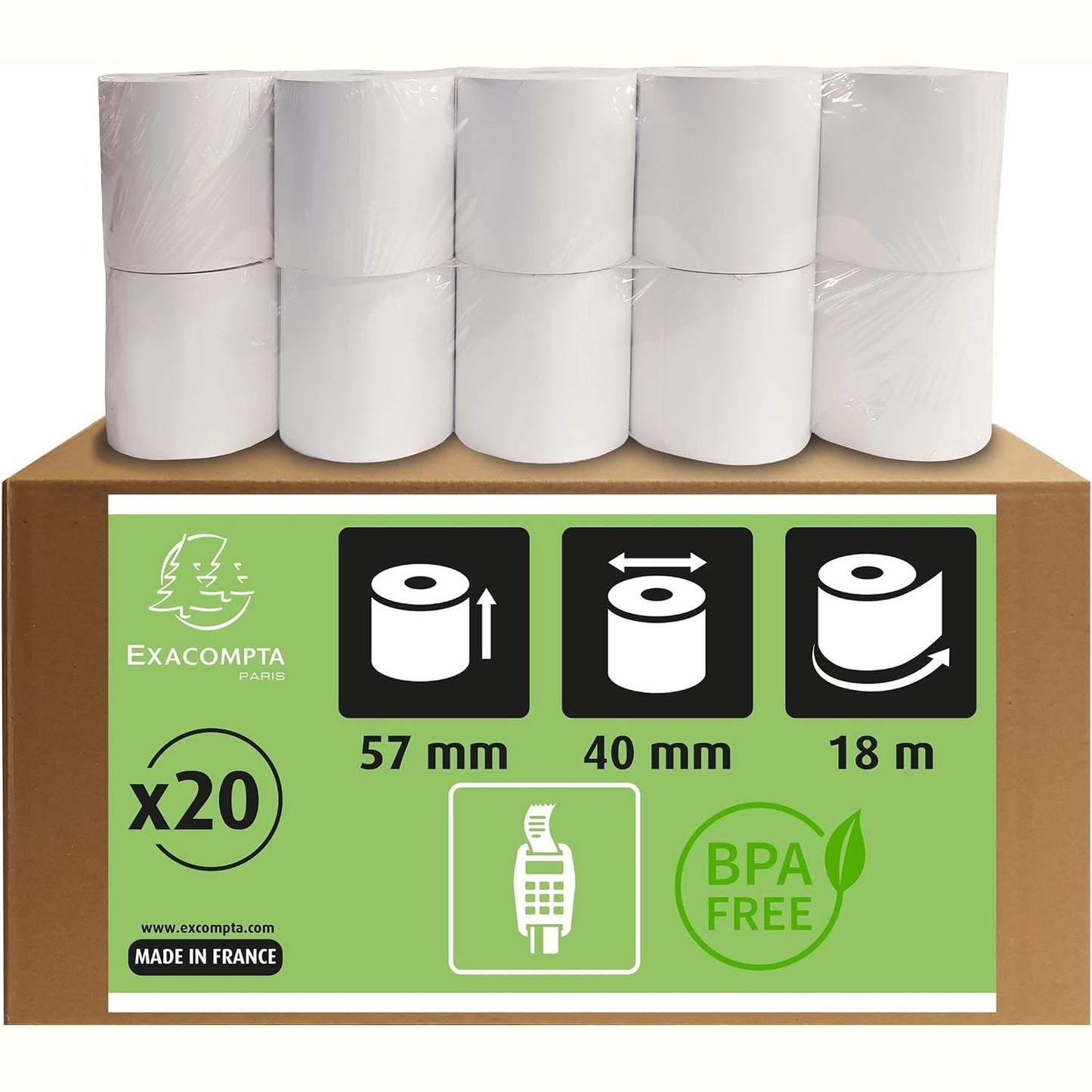 269359 - EXACOMPTA Kuti me 20 rrotulla termike për karta bankare, 57 x 40 mm, 55 g/m², pa fenole, pa bërthamë kartoni, e bardhë