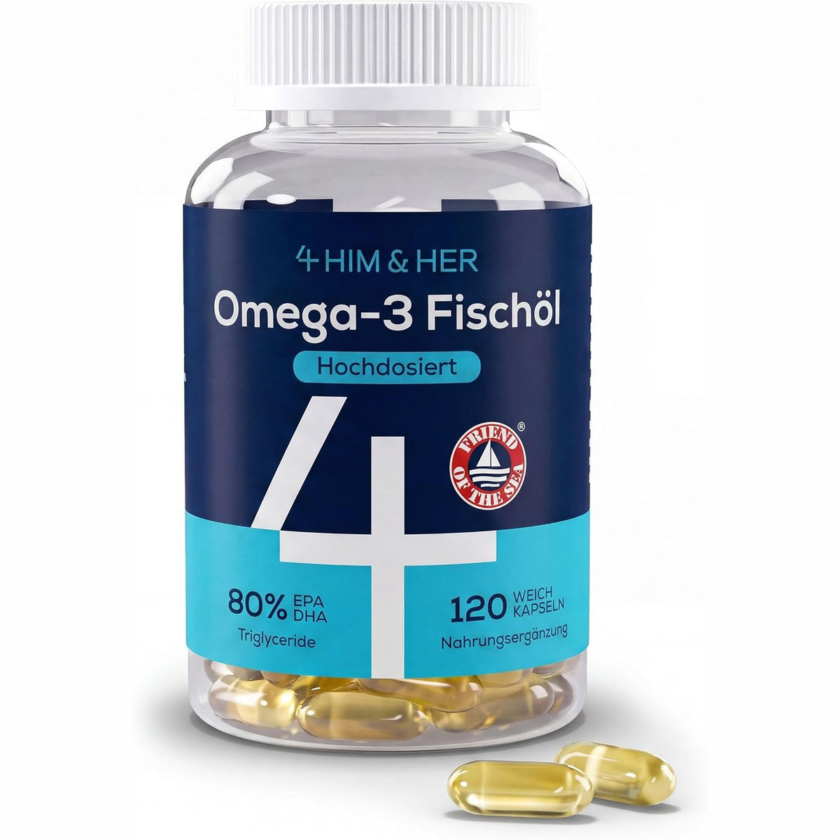 303122 - HIM & HER 4 Kapsula vaji peshku Omega-3, Kapsula Omega-3 të koncentruara 80%, 668 mg EPA dhe 500 mg DHA + 83.4 mg DPA për porcion, 120 kapsula të buta