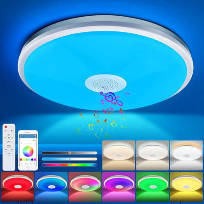 218095 - Llambë tavani LED 48W me errësim, ndriçues tavani me altoparlant Bluetooth, telekomandë dhe kontroll me aplikacion, ndryshues ngjyre RGB, Ø30cm