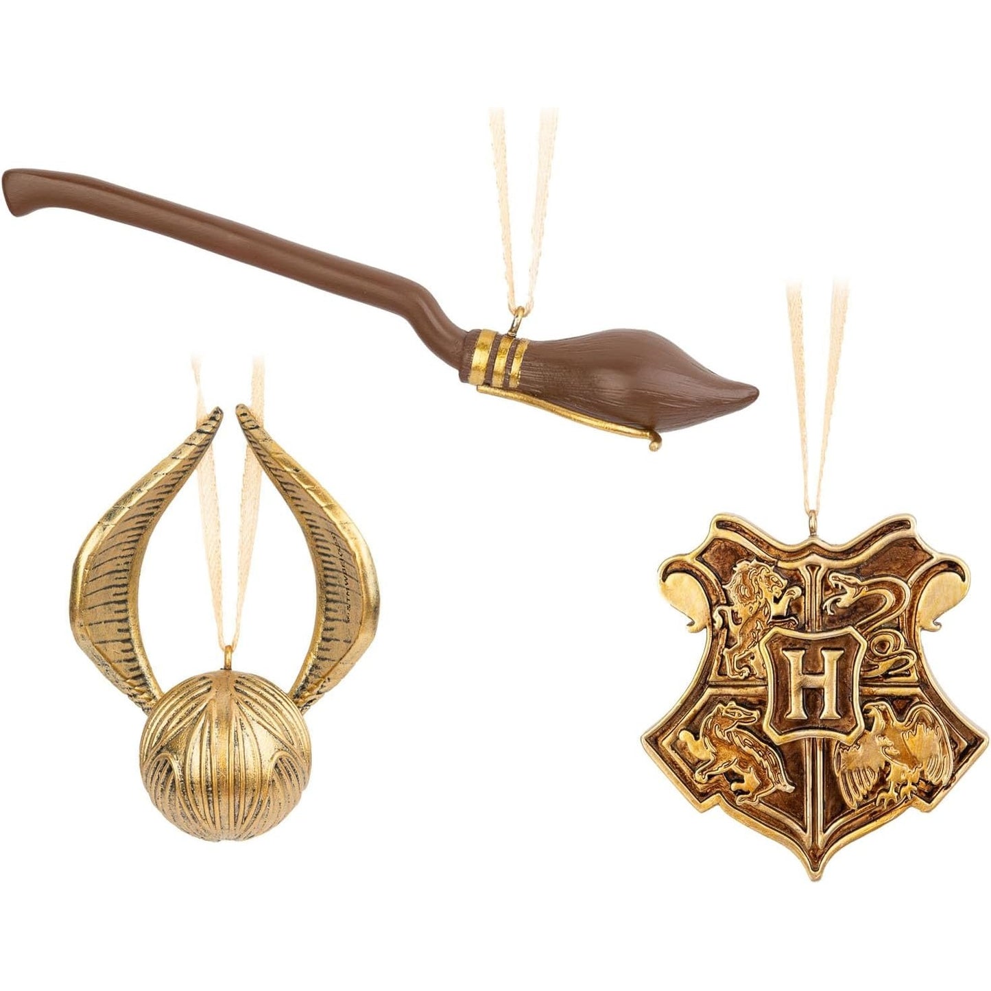 227054 - GRUPO ERIK Set Figurash Zbukurimi për Pemën e Krishtlindjeve, 3 copë, Golden Snitch Nimbus 2000 dhe Stema e Hogwarts