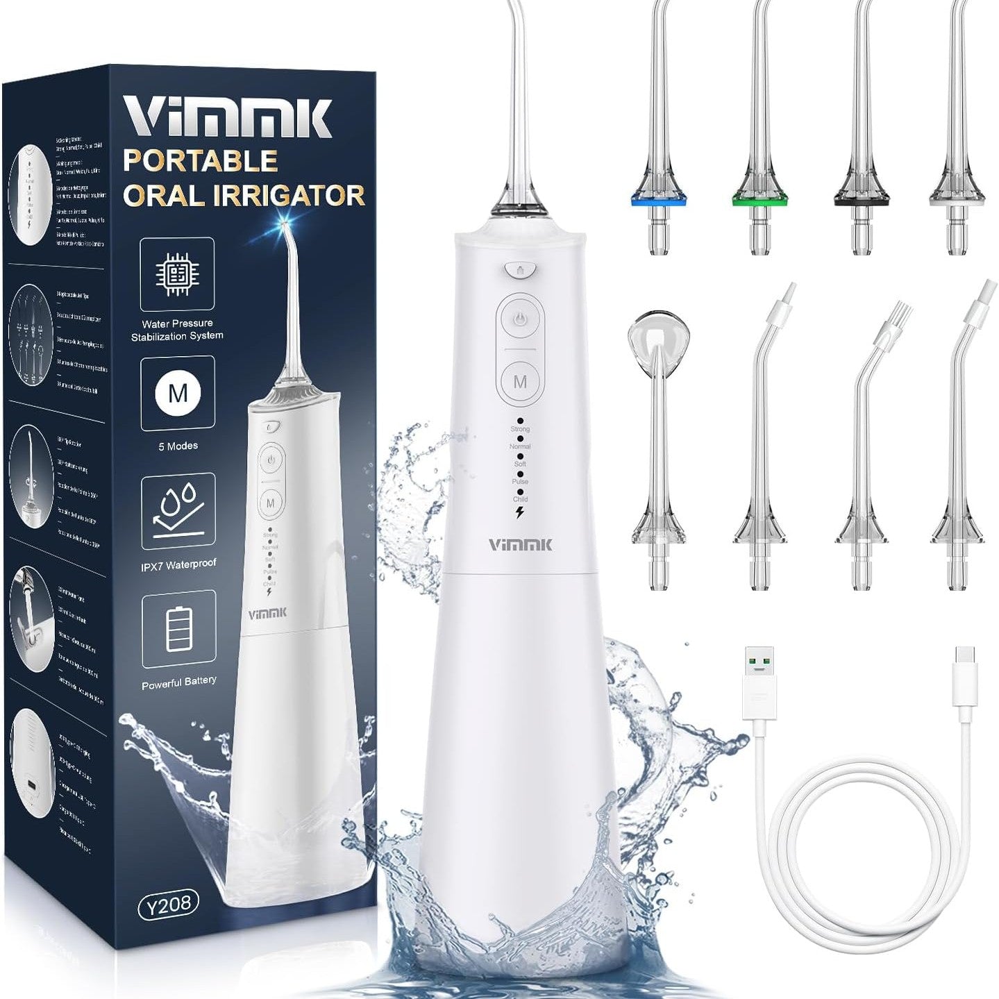 289734 - VIMMK Ujitës Oral Profesional me Fileto Uji, IPX7 i papërshkueshëm nga uji, Rezervuar Uji 300ML, i Rikarikueshëm USB-C