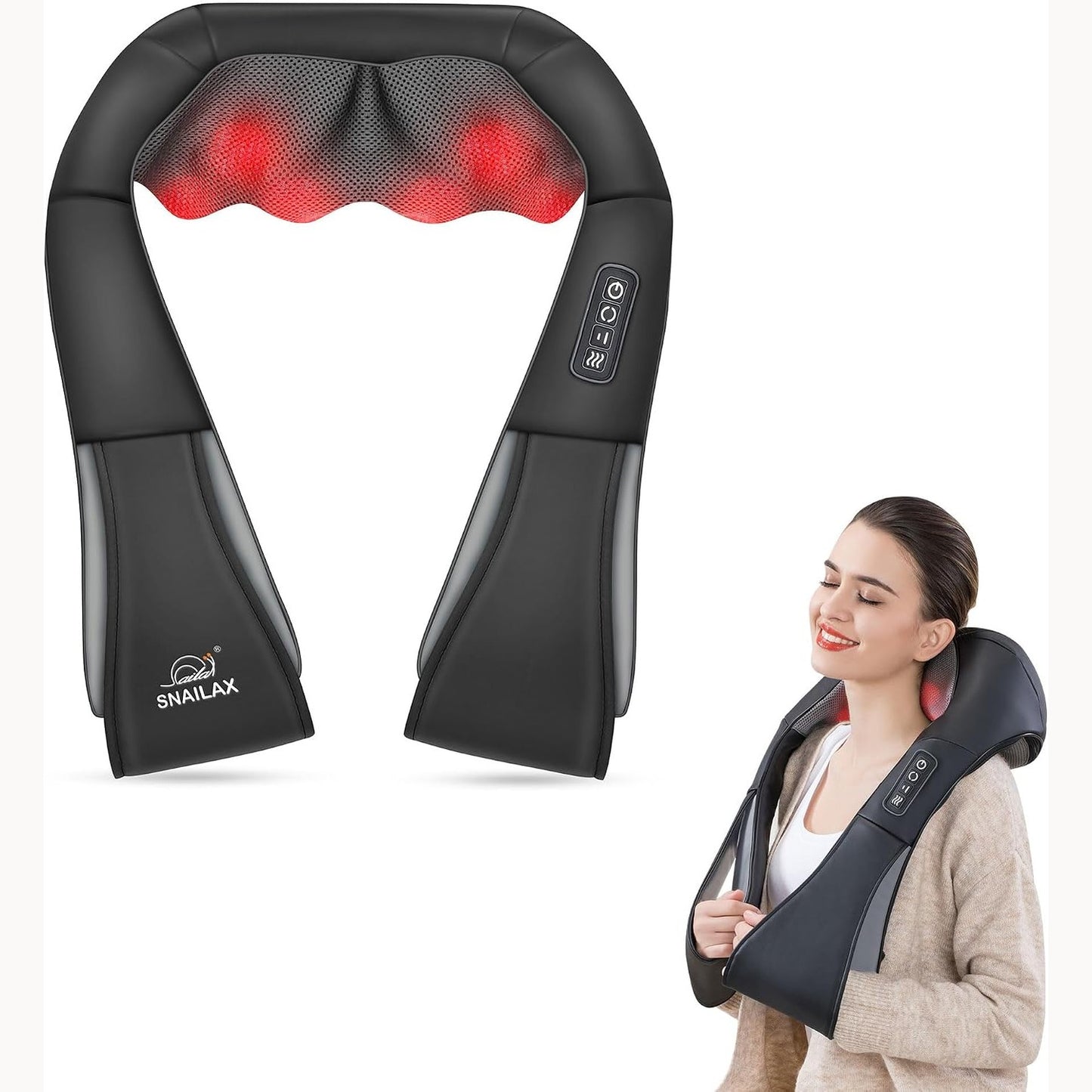 289600 - SNAILAX Masazhues Qafe Shiatsu me Nxehtësi, masazhues rrotullues 3D për shpinë, qafën dhe supet