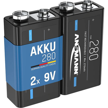 296151 - ANSMANN Bateri 9V 280 mAh Ni-MH, Pako me 2, Vetëshkarkim i Ulët, E Rikarikueshme, Ideale për Telekomanda, Instrumente Matëse, Multimetra, Mikrofonë