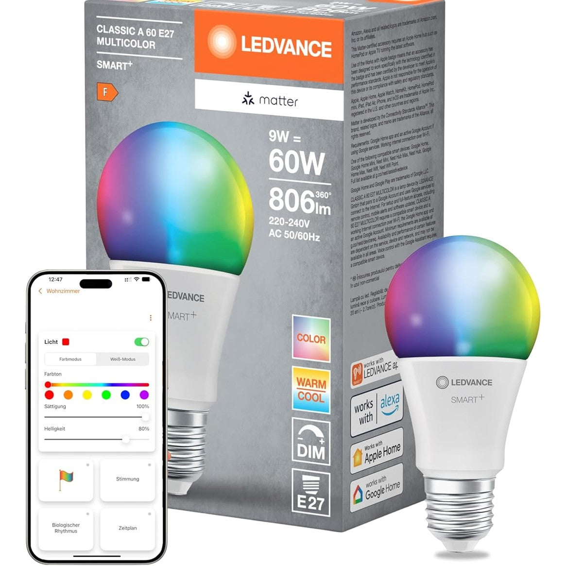 247934 - LEDVANCE Llampa LED SMART+ MATTER, e pajtueshme me Google, Alexa, Apple, 9W, 806lm, E27, dritë me ngjyra dhe dritë e bardhë, jetëgjatësi deri në 20,000 orë, pako e vetme