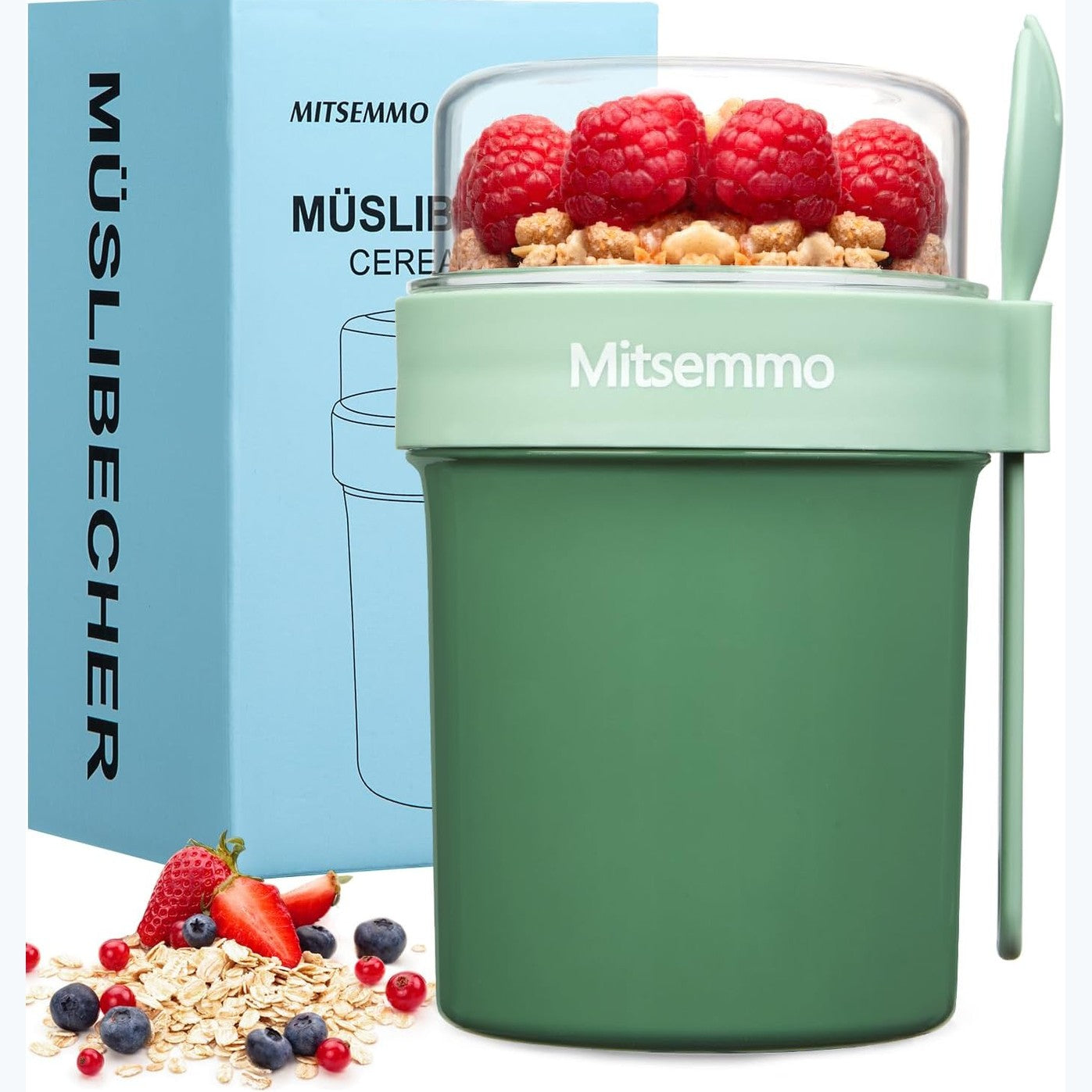294526 - MITSEMMA - Gotë për musli për të marrë me vete - Kapacitet 560ml + 230ml - Ngjyrë jeshile - Enë për kos me lugë