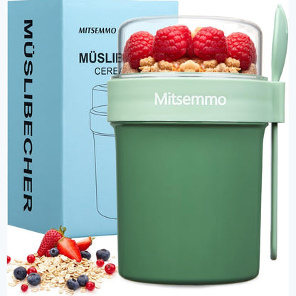 294526 - MITSEMMA - Gotë për musli për të marrë me vete - Kapacitet 560ml + 230ml - Ngjyrë jeshile - Enë për kos me lugë