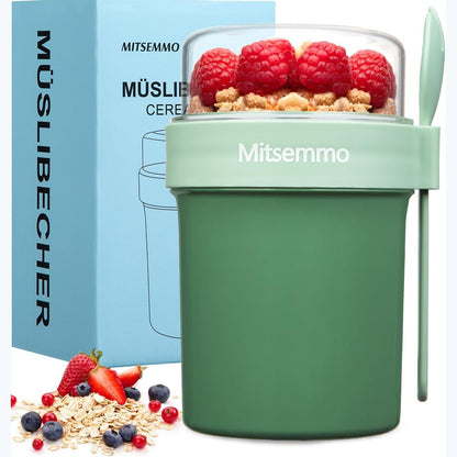 258191 - MITSEMMA Gotë për musli 560ml + 230ml Jeshile, Enë për kos me lugë, Fletë misri për të marrë me vete