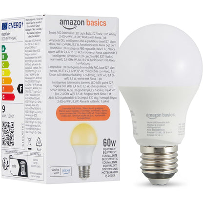 186332 - AMAZON BASICS Llampa LED Inteligjente E27 me Errësim, E Bardhë e Butë, 8W (Ekuivalent me 60W), Vetëm për Alexa, 1 Pako