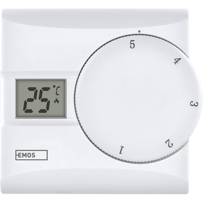 167912 - EMOS - Termostat Dixhital Dhoma me Ekran LCD, Manual, me Tel, Sisteme Ngrohjeje dhe Ftohjeje, Kontroll Temperatura 5-30°C, Montim në Sipërfaqe, Bateria Përfshihet, ngjyra e Bardhë
