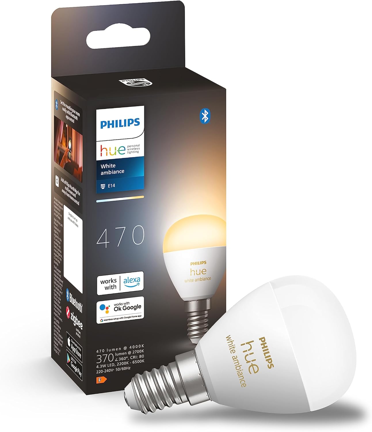 255987 - PHILIPS HUE Llambë LED White Ambiance E14 (470 lm), llambë LED me errësim, kontroll inteligjent i dritës nëpërmjet zërit dhe aplikacionit, 1 pako