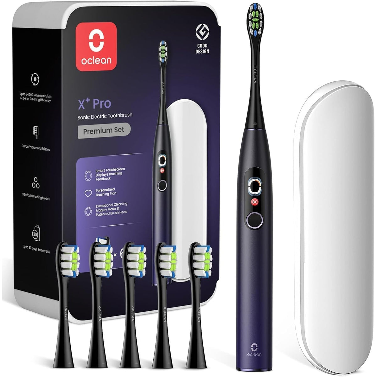 301687 - OCLEAN Set Dhuratë për Furça Dhëmbësh Elektrike X Series Pro, Furçë Dhëmbësh Sonic me Ekran, 3 Mënyra & 32 Intensitete, me Kohëmatës, 6 Koka Furçe dhe Kuti Udhëtimi, Vjollcë e Errët