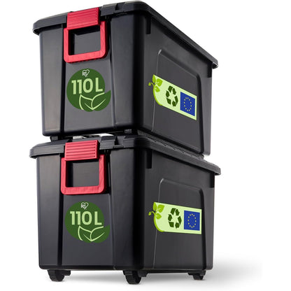 208112 - IRIS OHYAMA Kuti Plastike Ruajtjeje 110L me Kapak dhe Kapëse Mbyllëse, Set prej 2, I Palosshëm, Rrota, Pa BPA, E Zezë, Përdorim për Papafingo, Hangar, Garazh - Modeli SIA-110