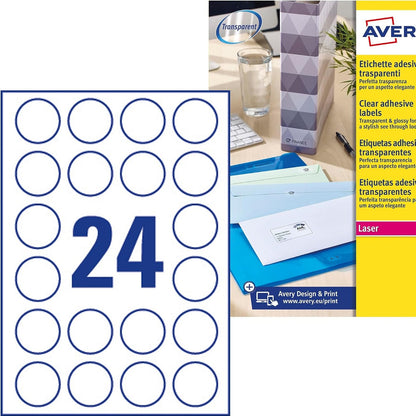 319902 - AVERY Etiketa kristalore për printerë lazer, 24 etiketa për fletë, diametër 40 mm, 600 copë, transparente