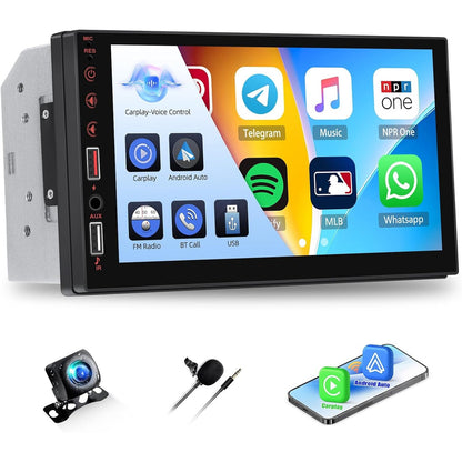 319655 - CAMECHO RADIO MAKINE ME DY DIN ME CARPLAY PA TEL DHE ANDROID AUTO, EKRAN ME PREKJE 7 INÇ, MIRRORLINK, BLUETOOTH, RADIO FM, EQ, AUX/USB, SWC + KAMERË PRAPA DHE MIKROFON