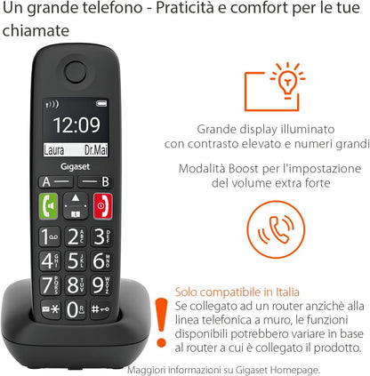 11287 - GIGASET E290, Telefon Fiks pa Tel me Audio të Përmirësuar dhe Taste Telefonimi të Shpejtë, Zile të Larta, Volum i Rregullueshëm, Versioni Italian, i Zi
