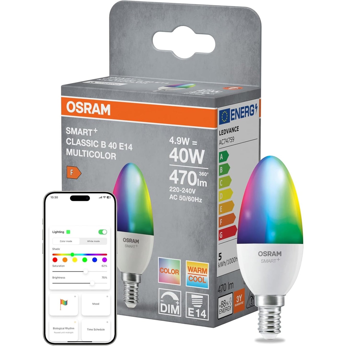 248079 - OSRAM SMART+ MATTER Llambë LED klasike Shumëngjyrëshe në formë B, 4.9 W, 470 lm, 2700-6500 K, e pajtueshme me altoparlantë inteligjentë, e errësueshme, mat