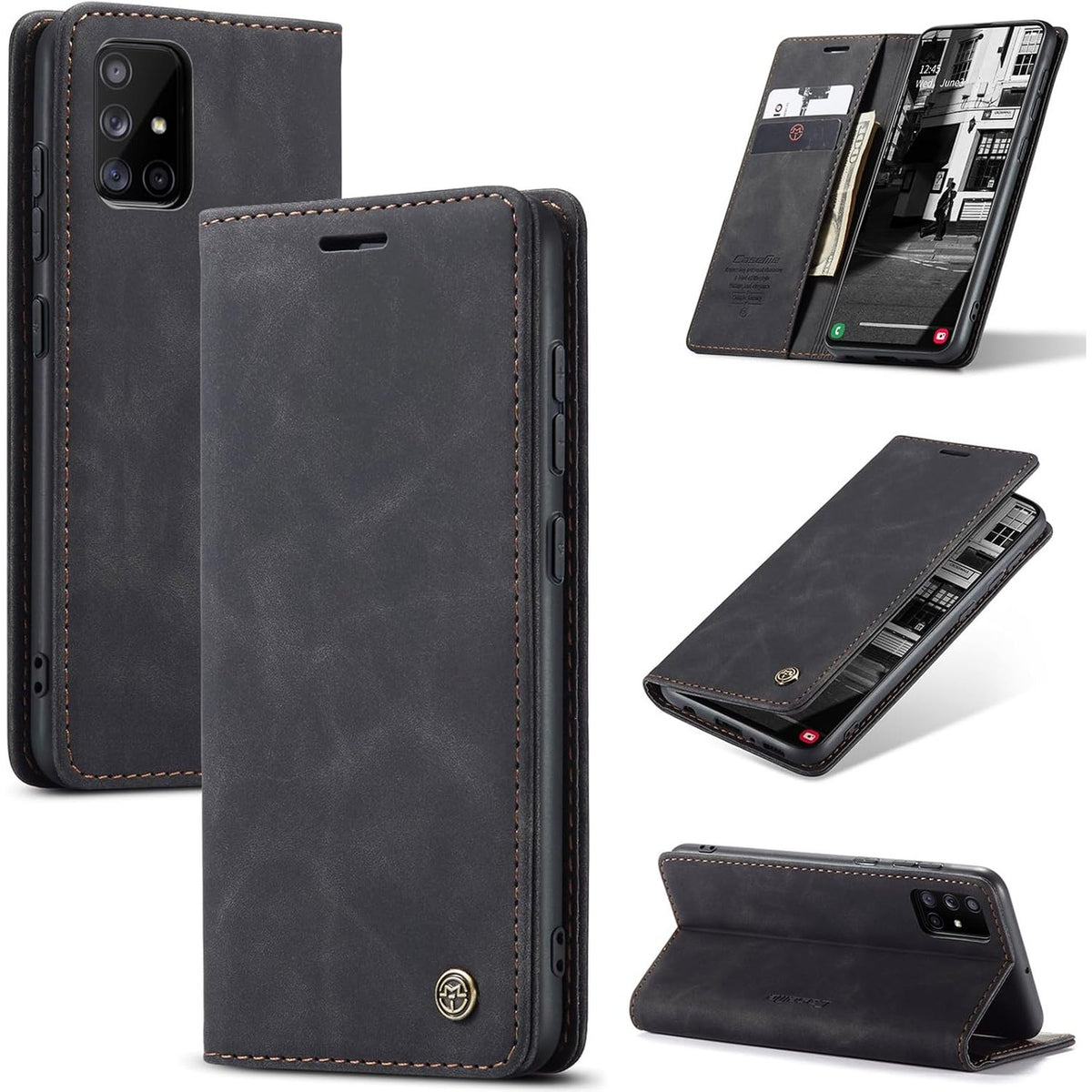 310471 - OWLHOLD Mbrojtëse telefoni për Samsung Galaxy A51, lëkurë premium, e butë nubuk, e palosshme me mbështetëse dhe vend për kartë, kundër goditjeve - e zezë