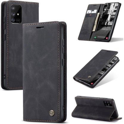 310471 - OWLHOLD Mbrojtëse telefoni për Samsung Galaxy A51, lëkurë premium, e butë nubuk, e palosshme me mbështetëse dhe vend për kartë, kundër goditjeve - e zezë