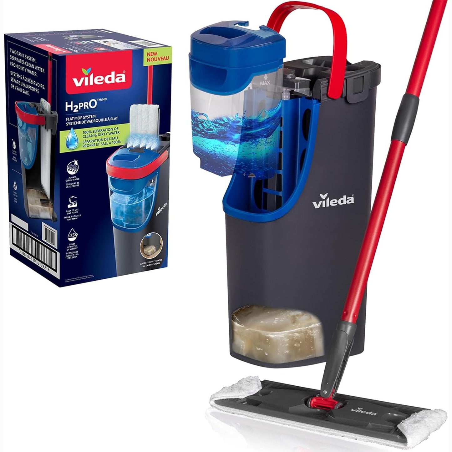 255471 - VILEDA - Set fshesësh dyshemeje H2PrO me kovë, ndarje 100% e ujit të pastër dhe të ndotur, sistem pastrimi higjienik, mikrofibër, ergonomik, gri