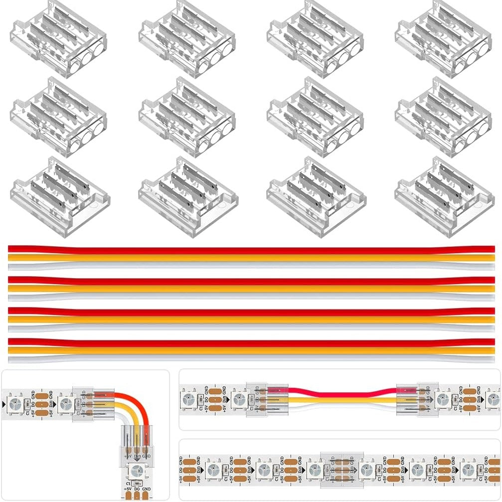 258251 - BTF-LIGHTING Kit Konektori SMD 3-pin 10 mm, 12 copë Konektori Transparent, 4 copë Kabllo Zgjatimi 22AWG me gjatësi 15 cm, Pllakë Kabllosh/Pllakë Saldimi pa Hapësirë dhe Lidhje LED me 3 kunja në Kënd